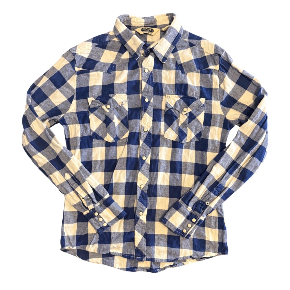 Salt Valley Western Buffalo Check Pearl Snap Shirt Mens Medium Blue White Plaid